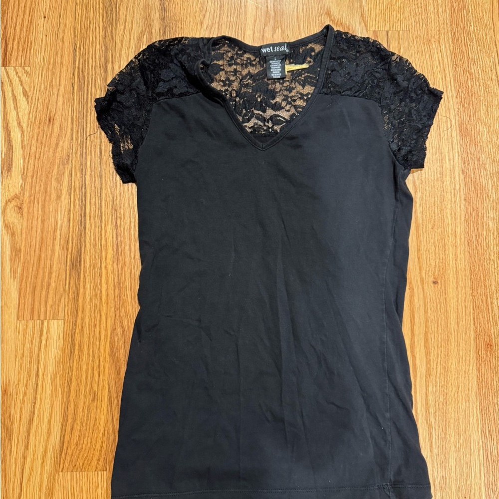 Wet Seal Black V-Neck Lace Blouse